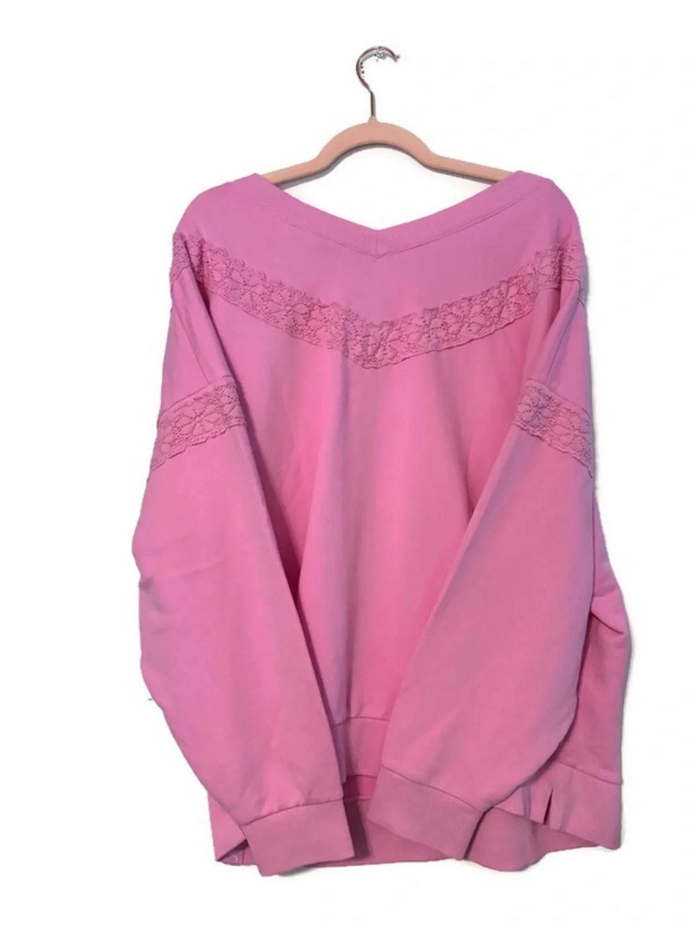 NWT Joy Lab Pink Oversized V Neck Crochet Trim Pullover Sweatshirt Women’s XL